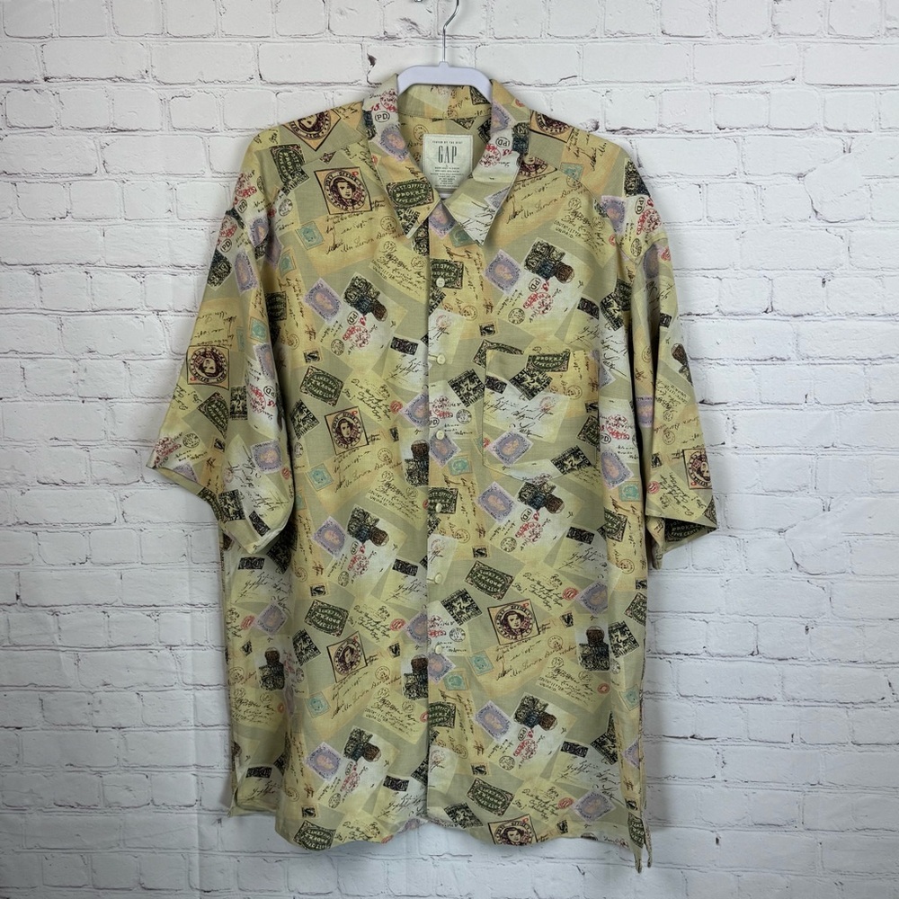 GAP Men's Postcard Print Casual Shirt - Cream and Multicolor Linen Blend Large - Picture 2 of 6